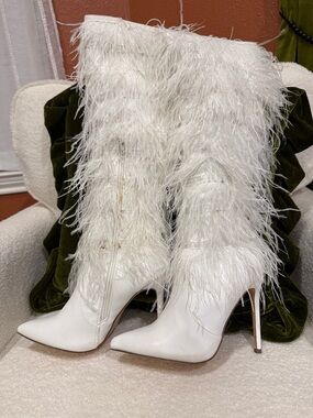 White Feathered Stiletto Boots - Women